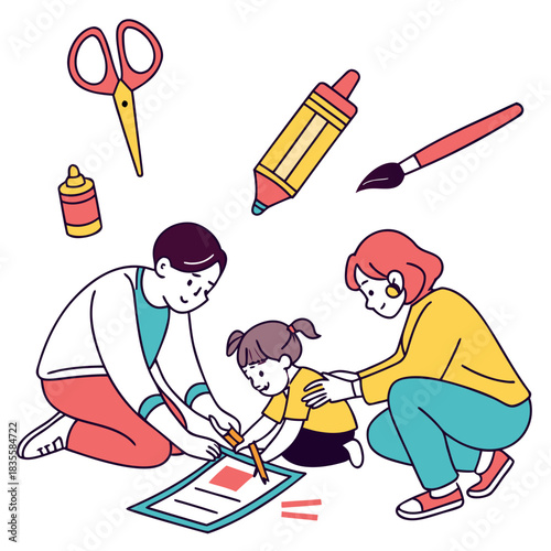 Family creating art together with art supplies