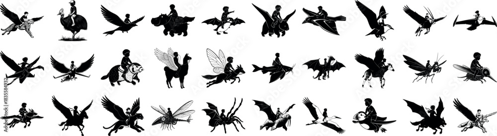 Obraz premium Silhouetted children riding fantastical creatures in monochrome art