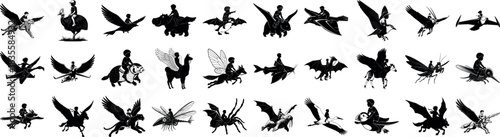 Silhouetted children riding fantastical creatures in monochrome art