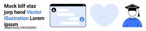 Online education, communication tools, learning platforms, collaboration, academic achievement, networking. Chat window, heart and graduate cap icon. Online education and communication tools concept