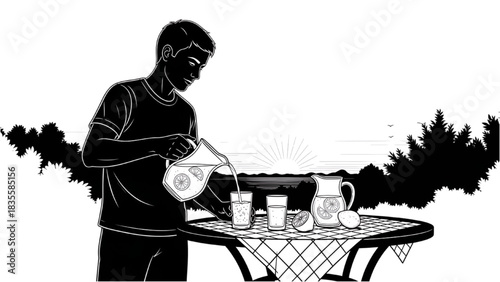 High-quality black silhouette line art of a person pouring lemonade into a glass at an outdoor summer table, refreshing summer beverage scene, casual leisure moment