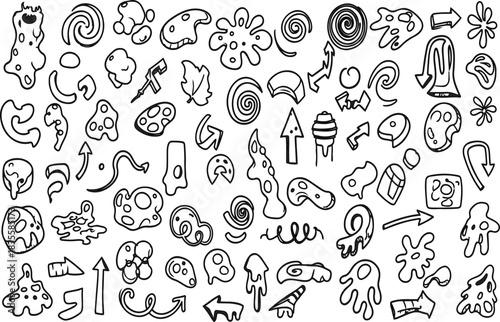 Hand drawn abstract shapes and symbols black and white