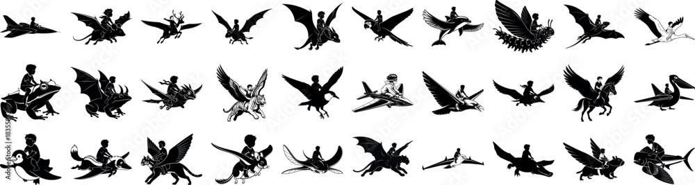 Obraz premium Silhouettes of people riding various flying creatures and objects