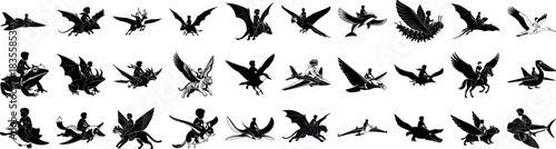 Silhouettes of people riding various flying creatures and objects