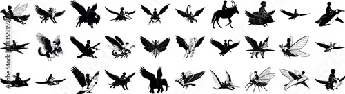 Silhouettes of children riding fantastical creatures in flight