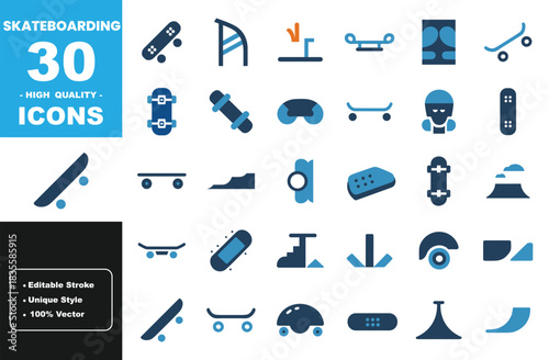 Title: Skateboarding Icon Set – Skateboard Tricks, Gear, Ramps, Helmets, Wheels and Urban Sport Vector Graphics Collection