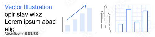Business analysis, data visualization, economic growth, financial trends, market research, corporate progress. Arrows rising and bar graphs. Business analysis and data visualization concept