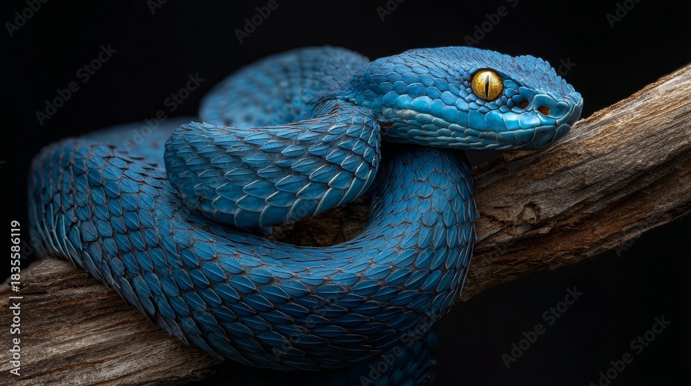 Fototapeta premium Vibrant blue snake coiled on a branch showcasing intricate scales and striking golden eyes