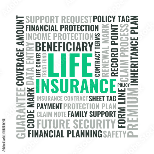 Life insurance word cloud design, life insurance financial protection and beneficiary concept for future security
