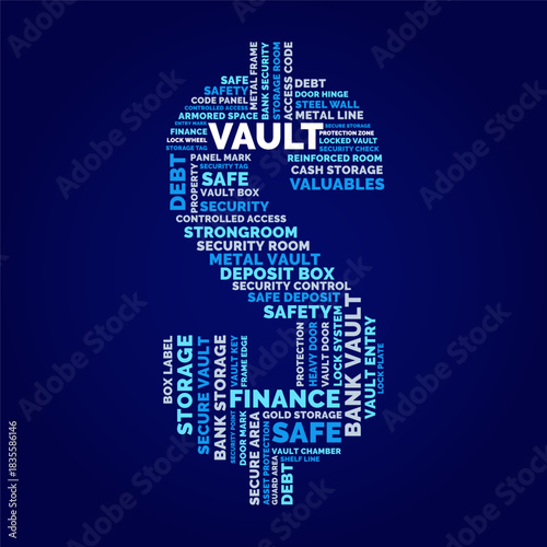 Vault security word cloud design, vault finance concept in dollar shape for banking protection and safety