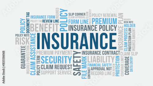Insurance word cloud design, insurance liability and coverage keywords arranged in minimal word pattern