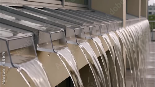 Close-up view of cascading water flowing from the edge of a modern building's roof, creating a beautiful display