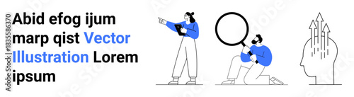 People analyzing with magnifying glass, brainstorming and pointing at ideas, symbolized by head and arrows. Ideal for teamwork, analysis, innovation, research, vision, growth simple landing page