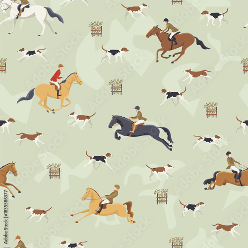 Seamless pattern with horse riders, hunting dogs, and fences on a soft green background