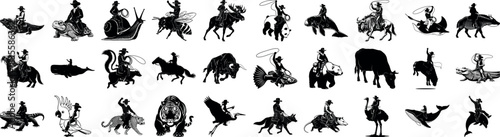Silhouette cowboys riding various animals in a vector graphic