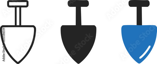 Three shovel icons outline solid and blue fill styles gardening tool construction tool