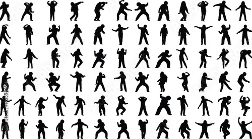 Dynamic human posture silhouette illustration grid, expressive movement and gesture variety concept vector, bla