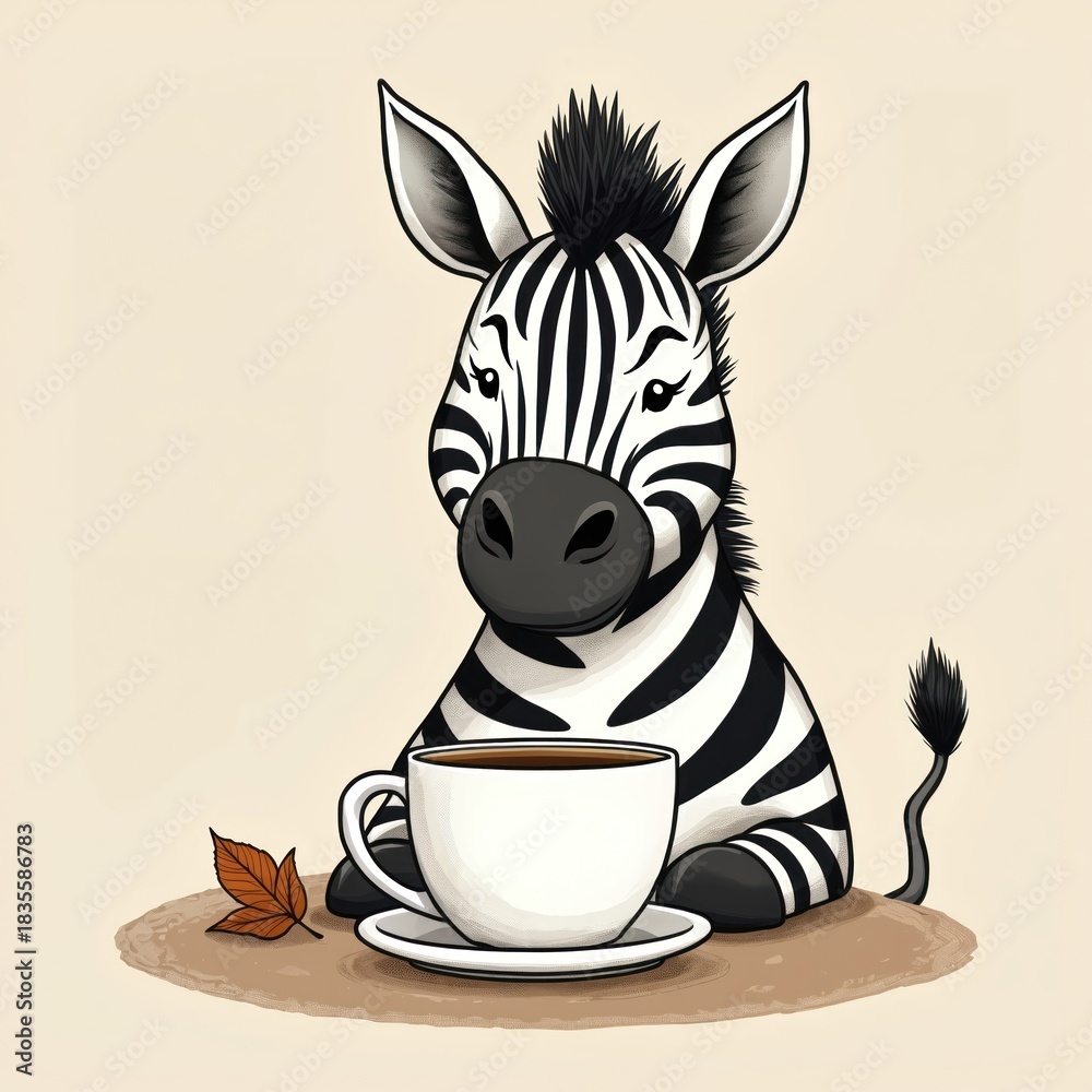 Fototapeta premium Cute cartoon zebra with mohawk hairstyle sits next to coffee cup and leaf. Funny animal enjoys hot drink in mug. Gentle illustration has warm and cozy vibes. Perfect for kids.