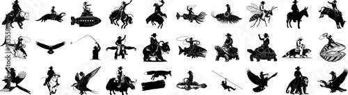 Silhouettes of cowboys riding animals and objects in black and white