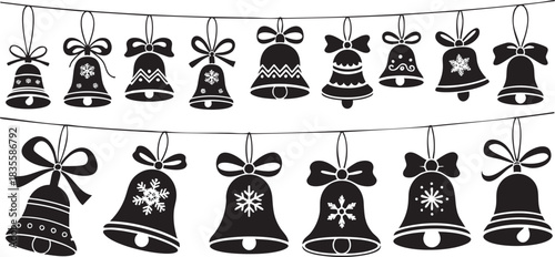 Black and white hanging decorative bells for christmas holidays vector illustration