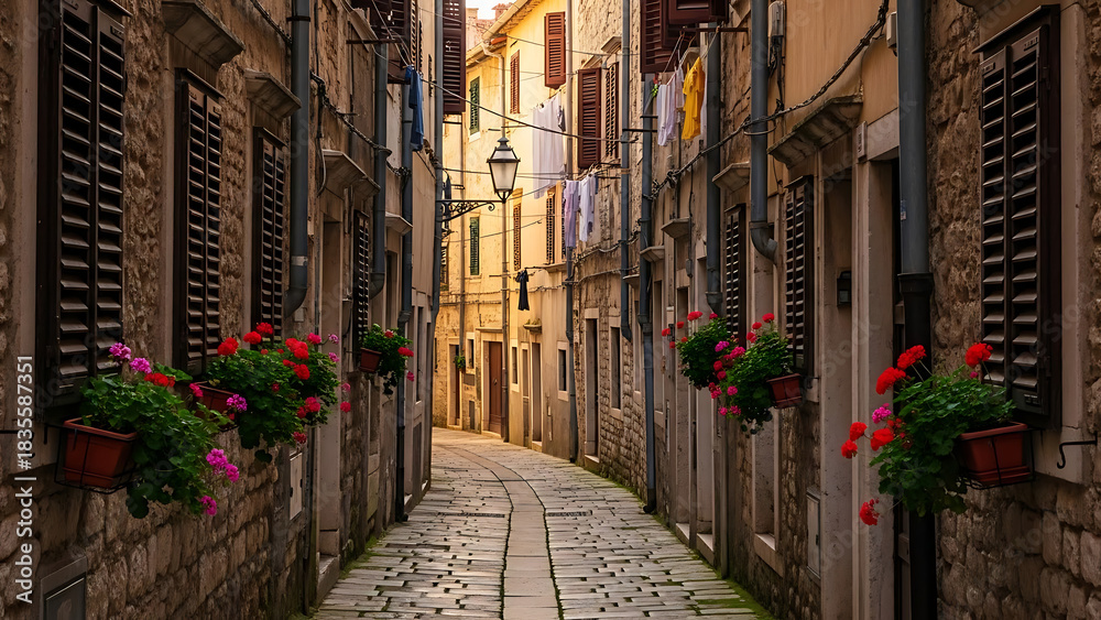 Fototapeta premium Narrow cobblestone alleyway in a historic european town with colorful flowers in window boxes and warm sunlight illuminating the ancient stone buildings