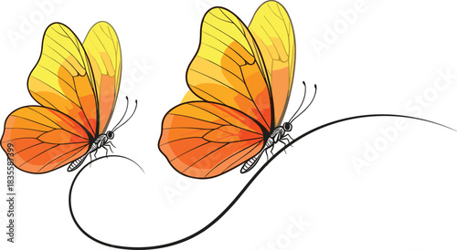 Two Beautiful Orange and Yellow Monarch-Style Butterflies Resting on a Simple Curved Line, Representing Spring, Summer, Nature, Beauty, and Freedom Vector Art Illustration.