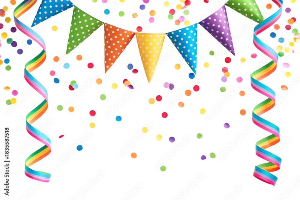 Obraz premium Colorful party decorations with confetti and streamers on a white background for celebration theme