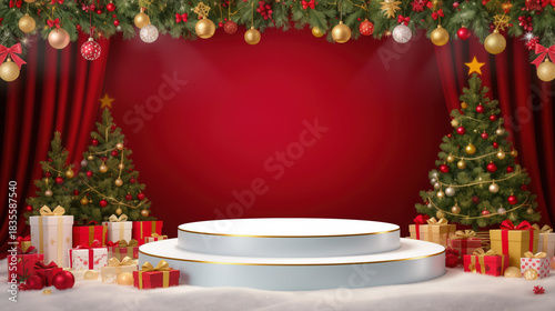 A beautifully arranged stage features two lush Christmas trees adorned with colorful ornaments and lights