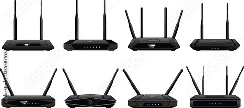 Collection of modern black wireless internet routers shown from multiple angles demonstrating connectivity hardware options