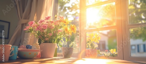 Vibrant Spring Bouquet and Easter Eggs on Table, Bathed in Golden Morning Sunlight