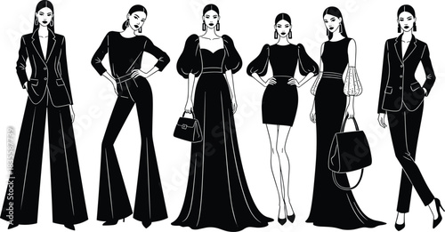 Stunning collection of elegant women modeling diverse black evening wear and sophisticated business suits for high fashion editorial