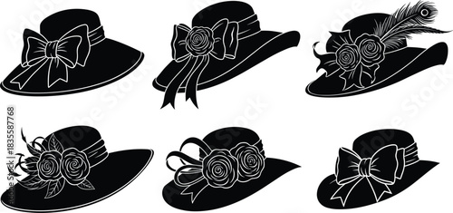 Elegant collection of six vintage style wide brim sun hats featuring beautiful bows and floral embellishments for fashion design