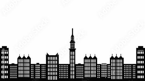 Stunning black and white cityscape silhouette featuring a prominent central tower against a vast white background