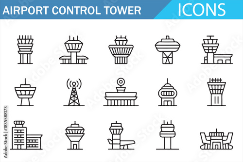 Airport Tower and Air Traffic Control Line Icons