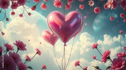 Romantic heart balloons and pink flowers for love