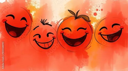 Cheerful orange fruit characters smile brightly