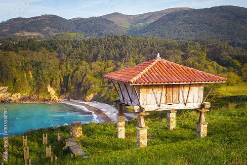 From the Regalina viewpoint, above the cliffs of Punta del Cuerno and Cadavedo beach, a stunning panoramic view of the Asturian coastline, on the way to St. James, spain