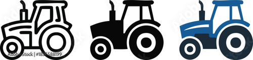 Three tractor icons outline silhouette blue and black agriculture farming