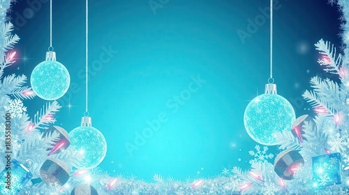 Sparkling ornaments frame a cool winter holiday scene