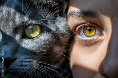 Split image of a cat s face and a human eye with similar golden irises