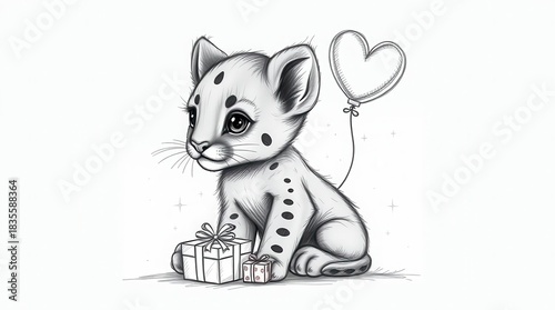 Adorable baby cheetah with heart balloon and gifts