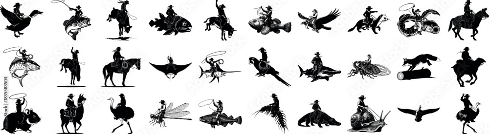 Obraz premium Silhouetted cowboys riding animals and insects in black and white