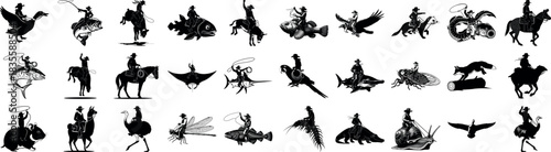 Silhouetted cowboys riding animals and insects in black and white