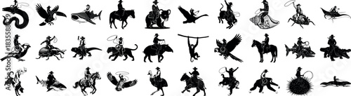 Silhouette of cowboys riding various animals and objects vector