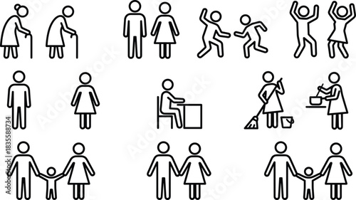 Set of Black Outline Pictograms Representing Family Life, Relationships, Generations, and Diverse Social Activities Including Grandparents, Couples, Parents, and Household Chores Vector Icon.