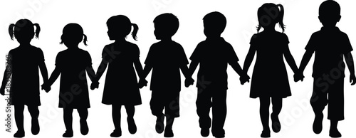 Children holding hands silhouette illustration, unity and friendship posture concept vector, black and white graphic for childhood and togetherness themes