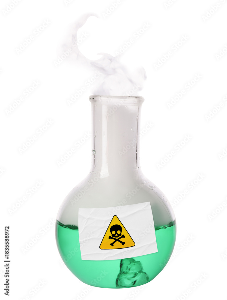 Obraz premium Poison in flask isolated on white. Laboratory glassware with skull and crossbones label
