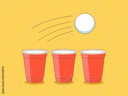 Beer Pong Game with Red Cups and Ball Trajectory on a Yellow Background Party Fun and Celebration