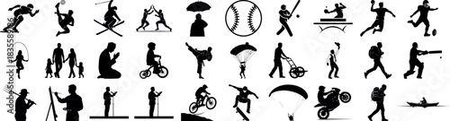 Silhouette illustrations of various sports and leisure activities