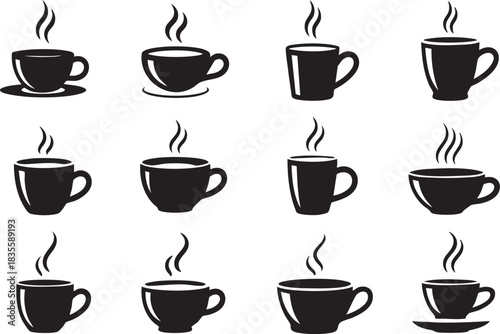 Collection of assorted coffee cups with steaming hot beverage illustration